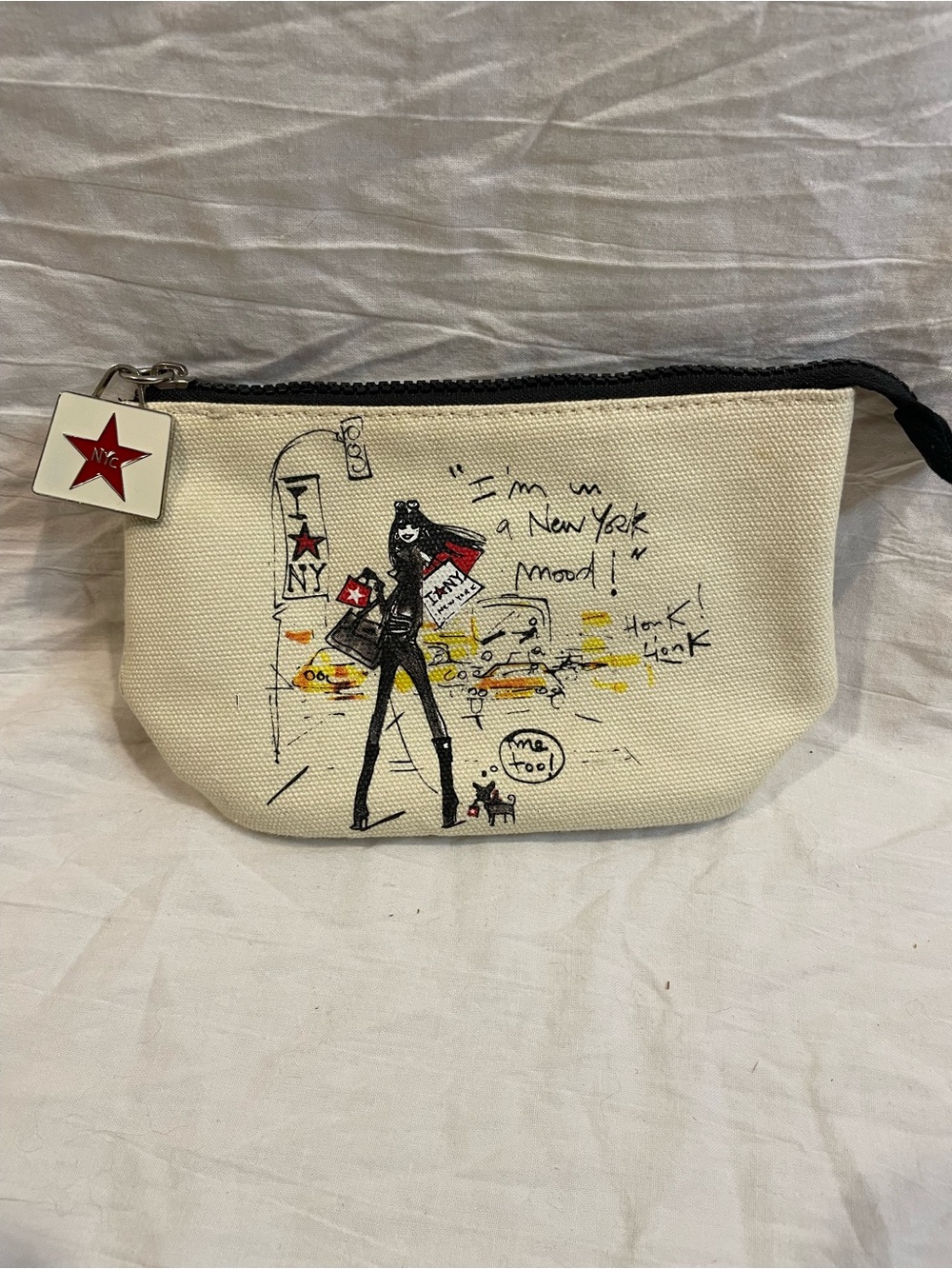 IZAK New York NYC Canvas Cosmetic Makeup Bag Fashion Girl Taxi Star Charm